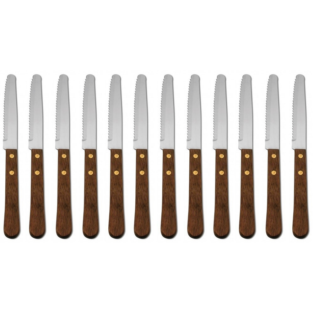 Set of 12 Delco by Oneida Elite Stainless Wooden Handle Steak Knives | Extra 30% Off Code FF30 | Finest Flatware