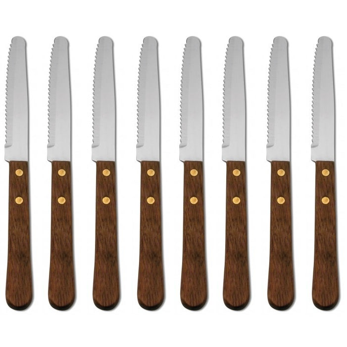 Set of 8 Delco by Oneida Elite Stainless Wooden Handle Steak Knives | Extra 30% Off Code FF30 | Finest Flatware