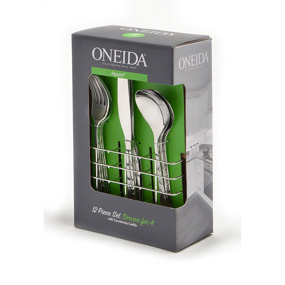 Oneida Impact 12-Piece Casual Flatware Set with Countertop Caddy, Service for 4 | Extra 30% Off Code FF30 | Finest Flatware